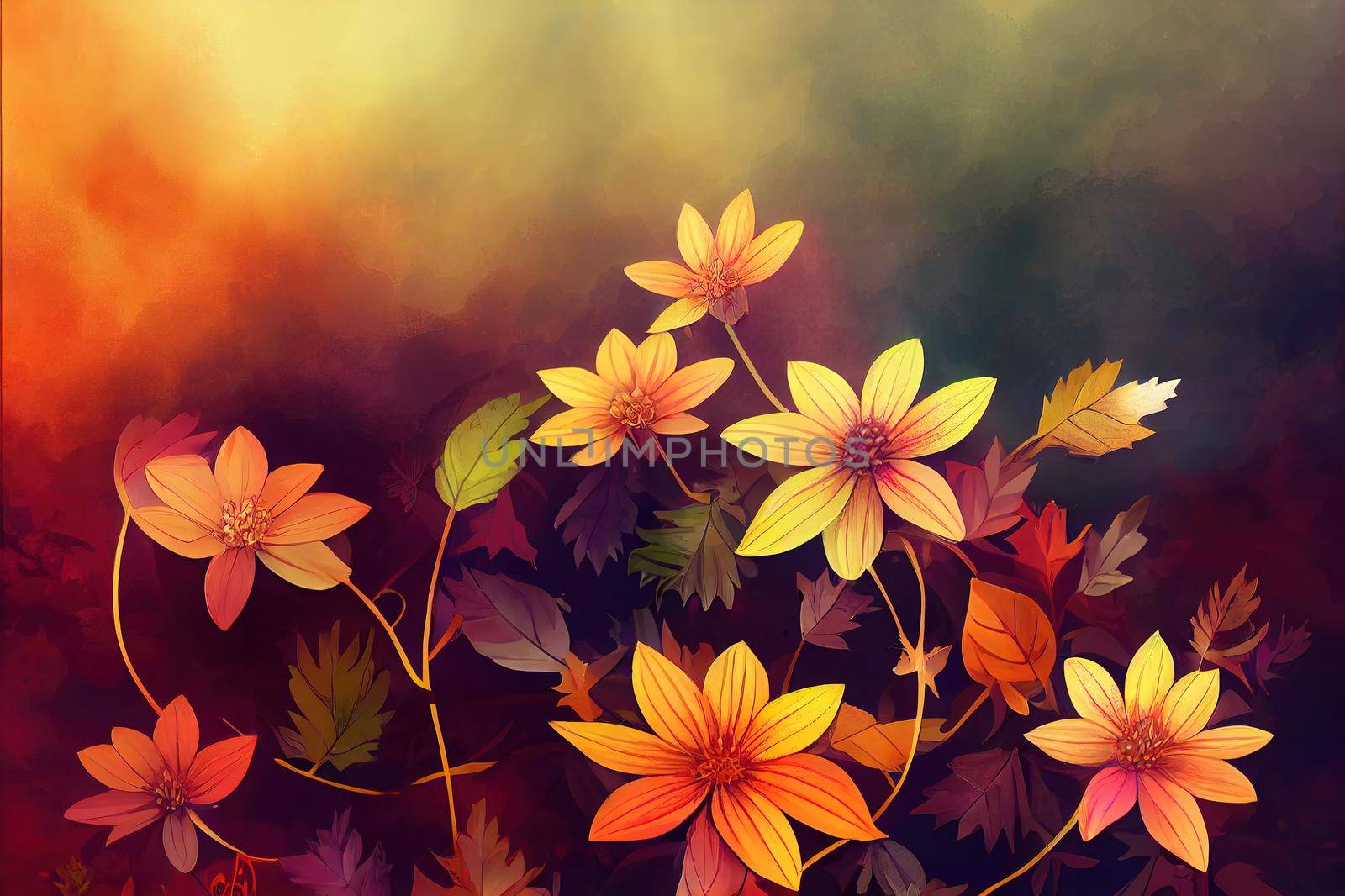 Beautiful fairy dreamy magic autumn flowers with dark leaves by 2ragon