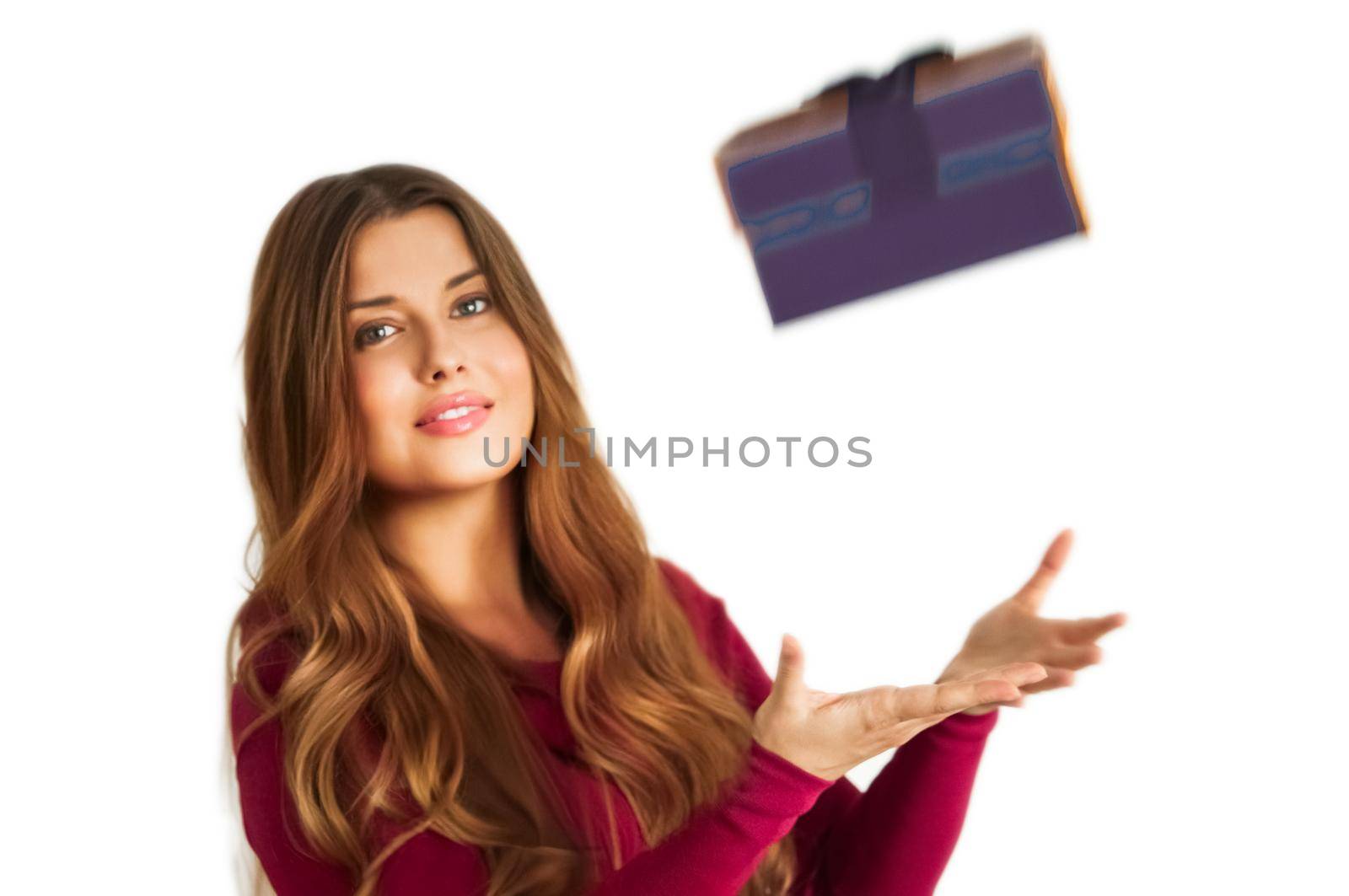 Birthday, Christmas or holiday present, happy woman holding a purple gift or luxury beauty box subscription delivery isolated on white background by Anneleven