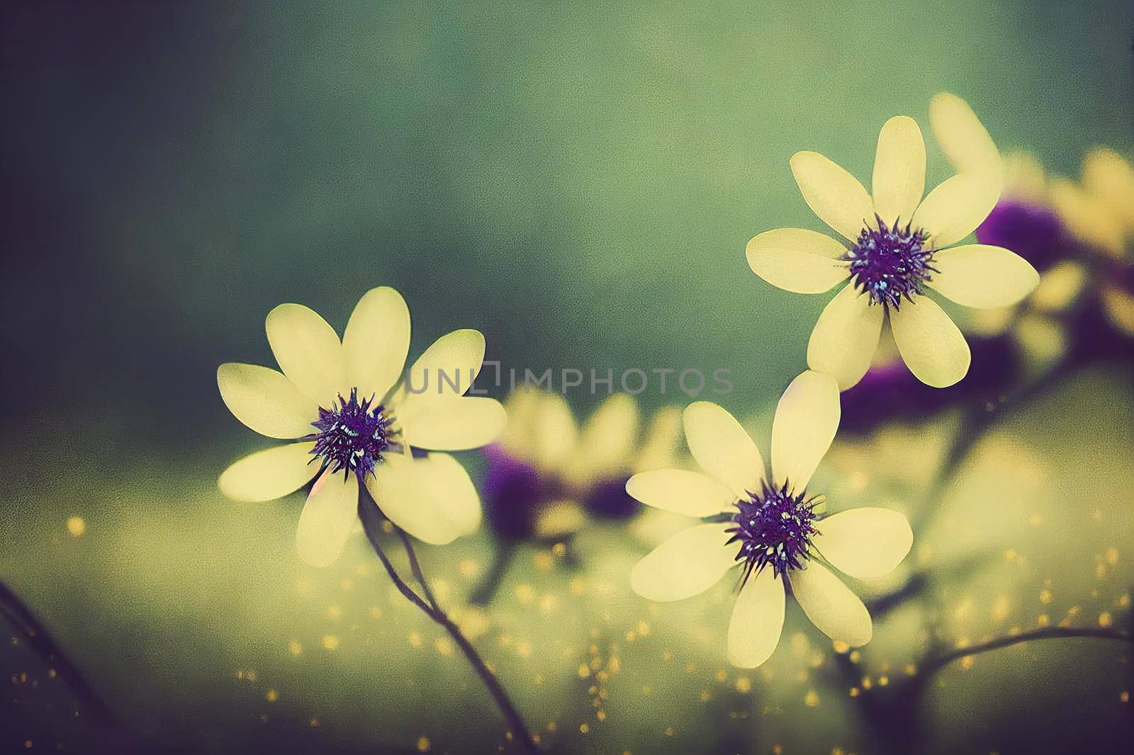 Beautiful fairy dreamy magic yellow flowers with dark green blue purple leaves background toned with instagram filters in retro vintage color, soft selective focus, blurry background