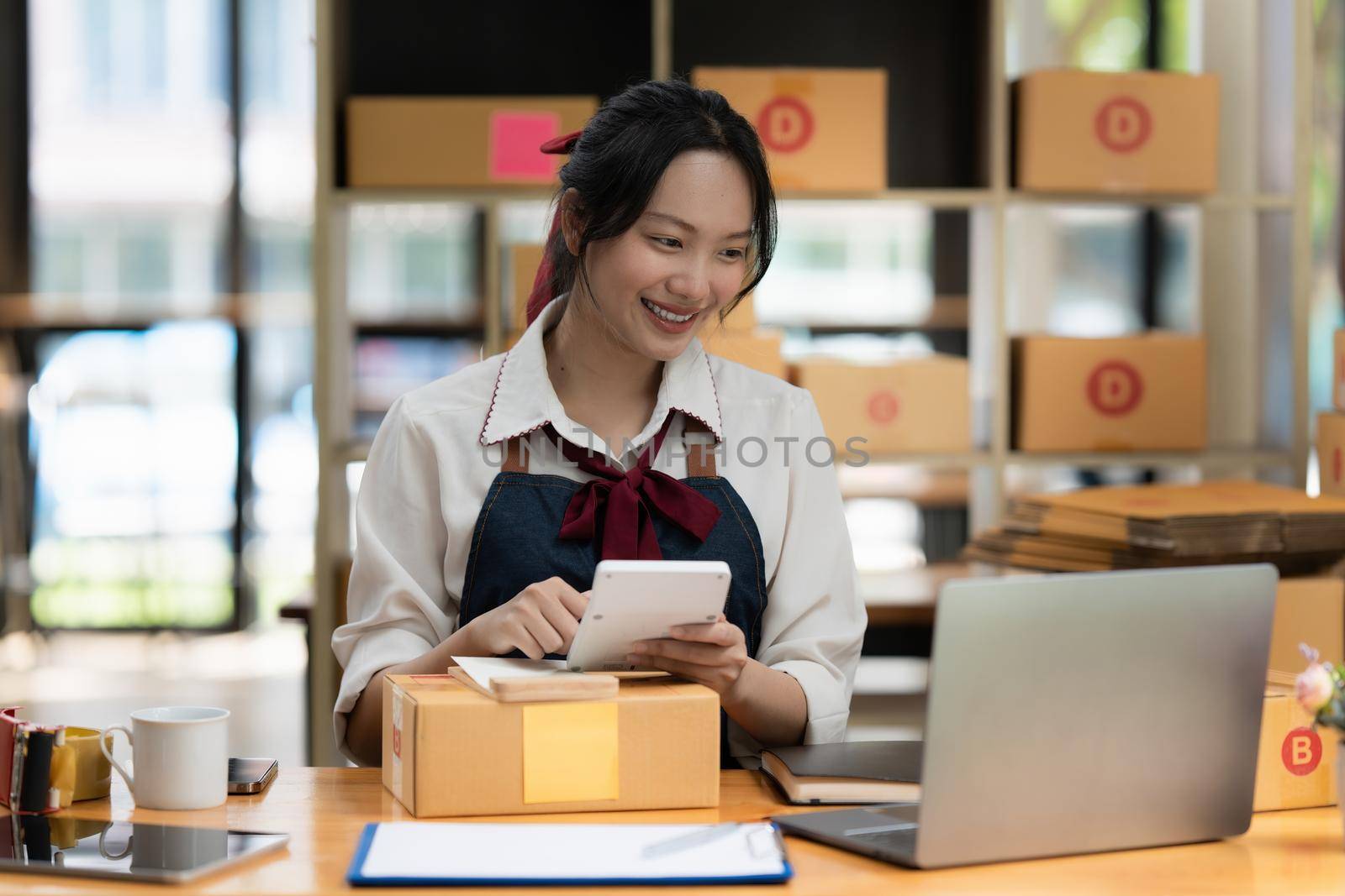 Asian small business owner working at home office. Business retail market and online sell marketing delivery, SME e-commerce concept.