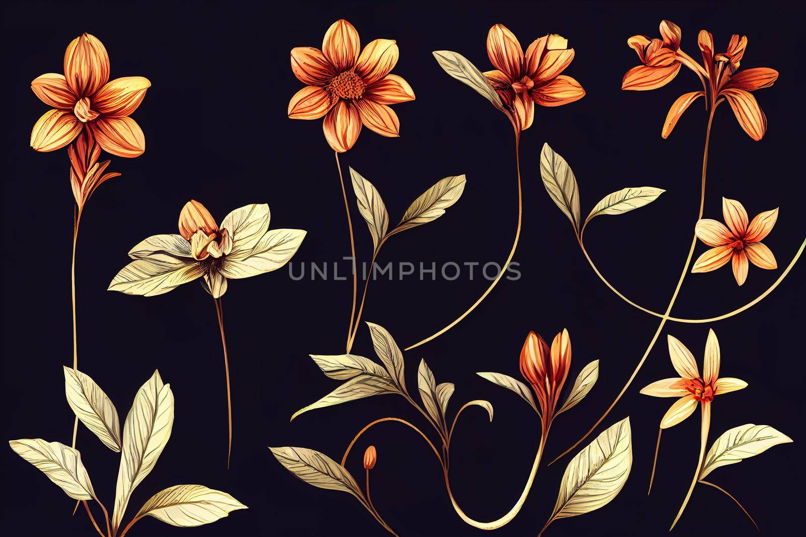 Little garden. 2d botanical illustration. Flowers and plants on a dark background.