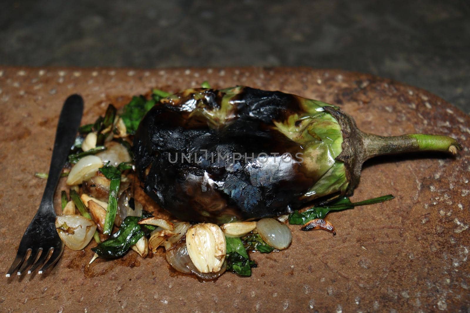 fresh and healthy fry brinjal with spice on kitchen
