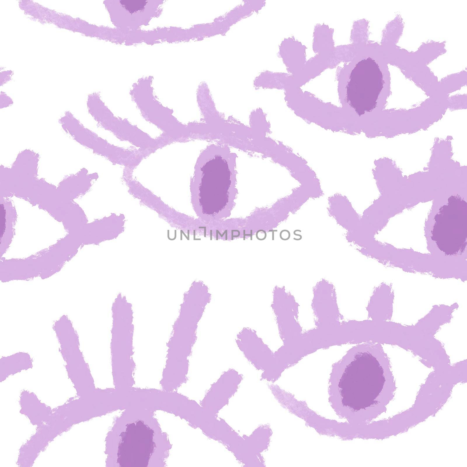 Seamless hand drawn pattern with purple evil third eye, traditional ethnic evil protection background. Pastel open eye eyelashes, boho bohemian trendy fabric print. by Lagmar