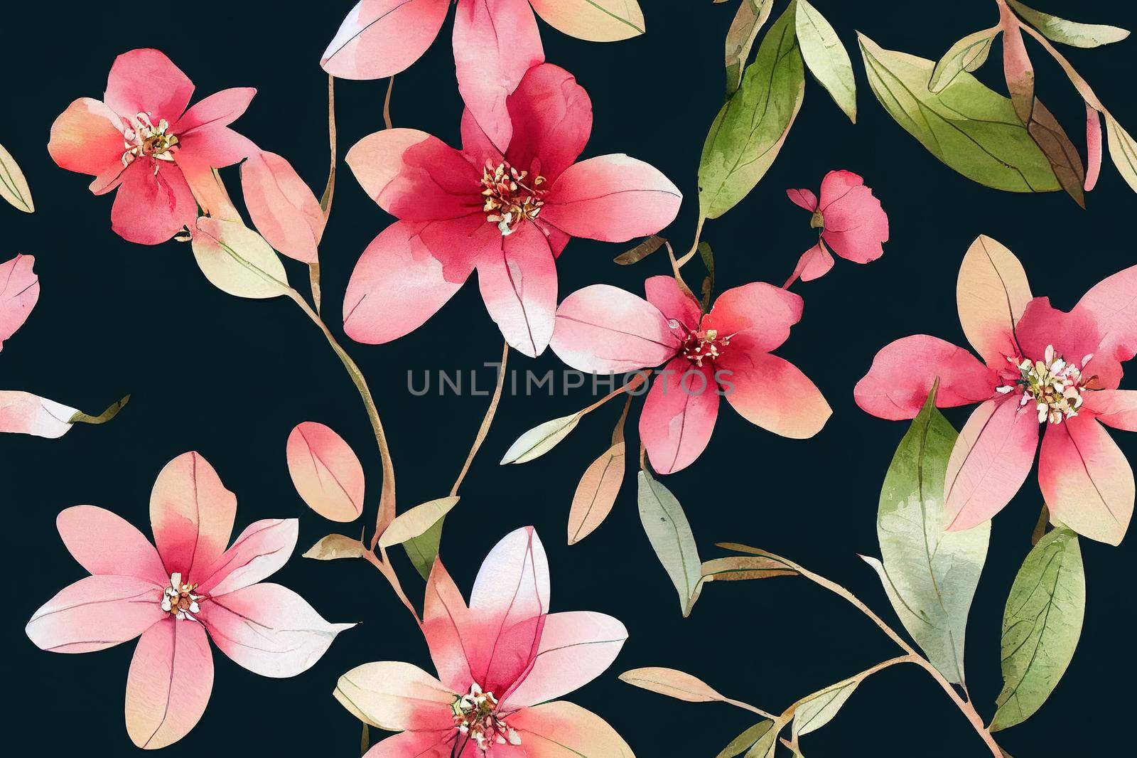 Seamless watercolor floral pattern pink blush flowers elements, green leaves branches on dark black background for wrappers, wallpapers, postcards, greeting cards, wedding invites, romantic events.