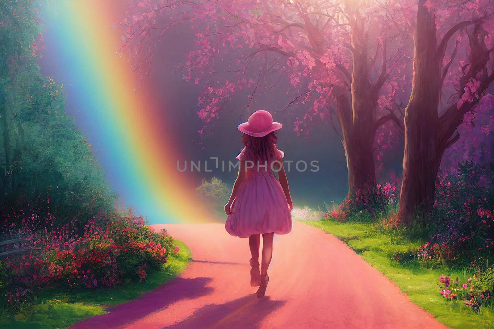 Young lady woman in romantic pink dress, retro hat, by 2ragon
