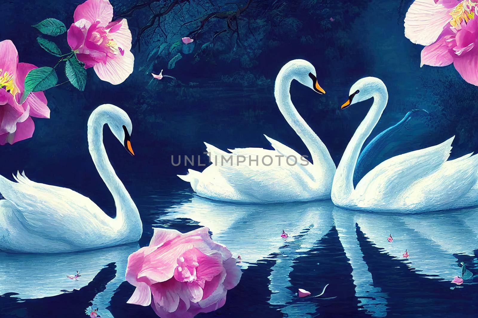 Two white swans couple swimming in lake, fantasy magical enchanted fairy tale landscape with elegant birds in love, fairytale blooming pink rose flower garden on mysterious blue background in night