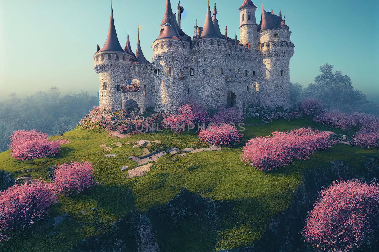 Enchanting old fairytale castle on a top of a hill, in an idyllic landscape, 3d render.