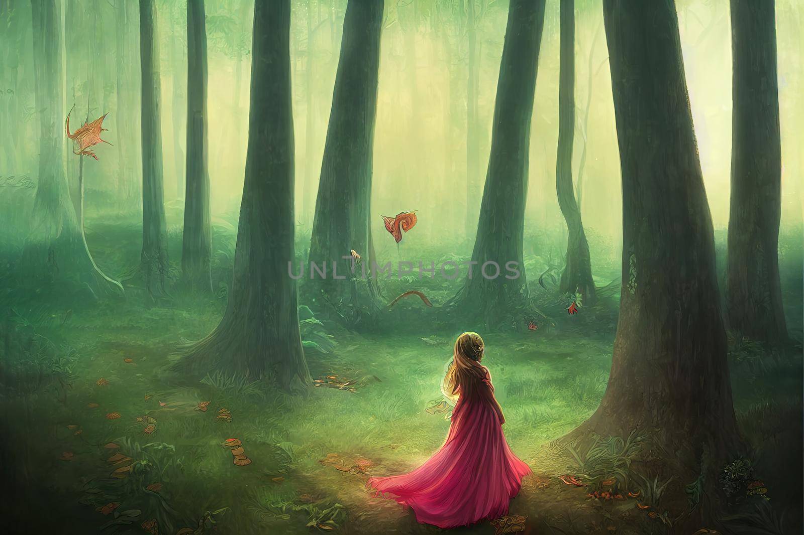 Fairy tale of a girl with a dragon in the forest