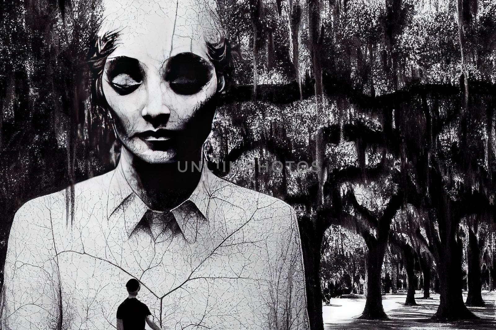 Black and white creepy girl in creepy garden . High quality illustration