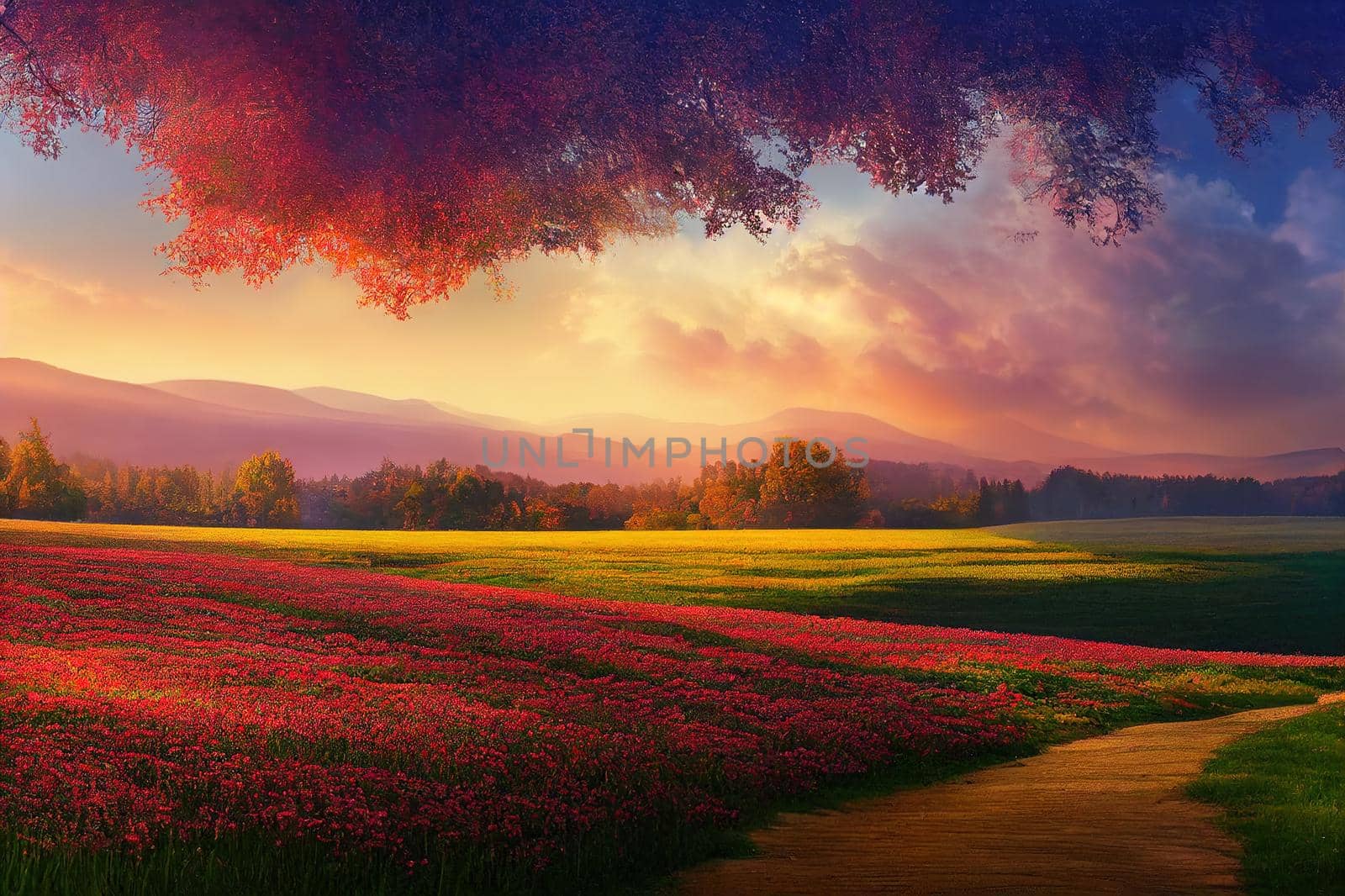 Fantasy summer panoramic photo background with rose field park by 2ragon