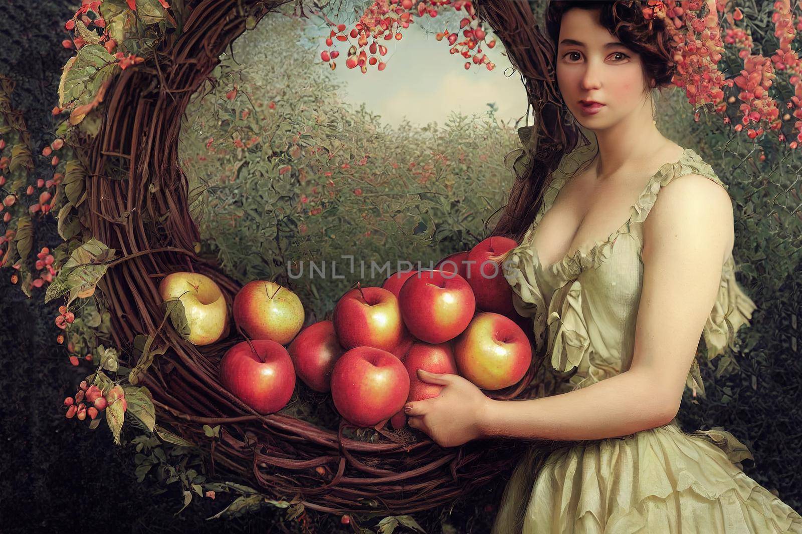 Portrait of beautiful romantic lady in a wreath of apples in the summer garden