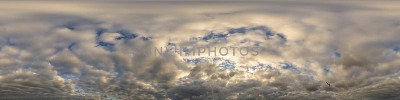 Sky panorama on overcast rainy day with low clouds in seamless spherical equirectangular format. Complete zenith for use in 3D graphics, game and for aerial drone 360 degree panorama as a sky dome.