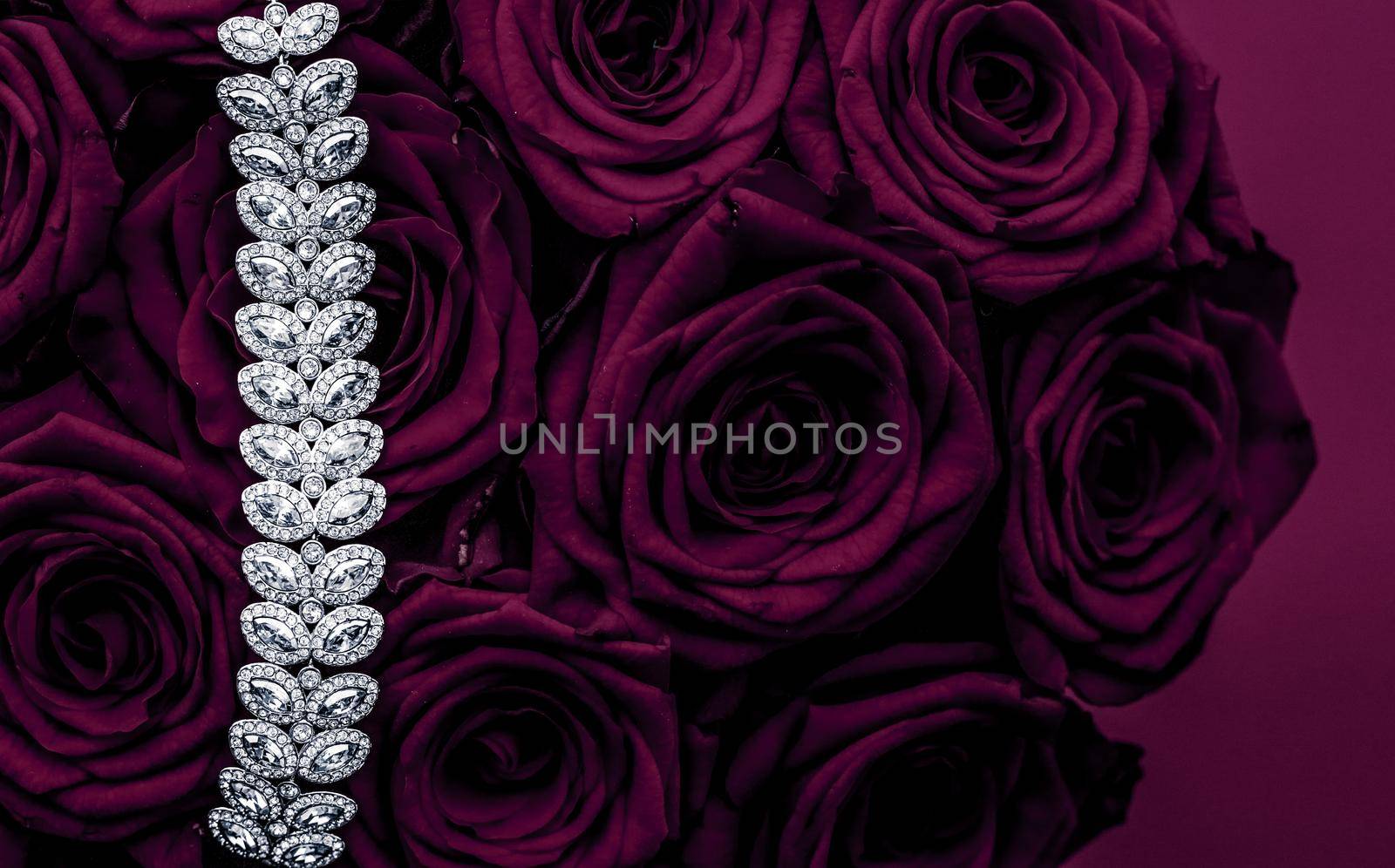 Luxe branding, glamour fashion and boutique shopping concept - Luxury diamond jewelry bracelet and purple roses flowers, love gift on Valentines Day and jewellery brand holiday background design