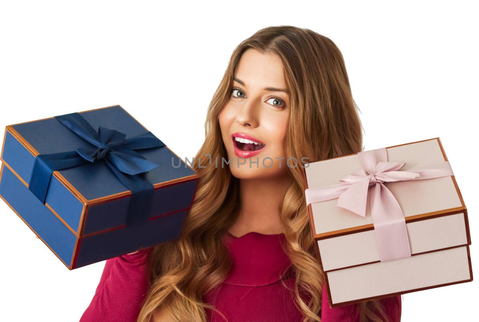 Birthday, Christmas gifts or holiday present, happy woman holding gift boxes isolated on white background by Anneleven