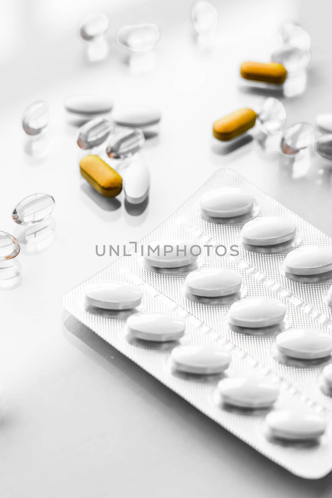 Pharma, branding and lab concept - Pills and capsules for diet nutrition, anti-aging beauty supplements, probiotic drugs, pill vitamins as medicine and healthcare cosmetics, pharmacy brand background