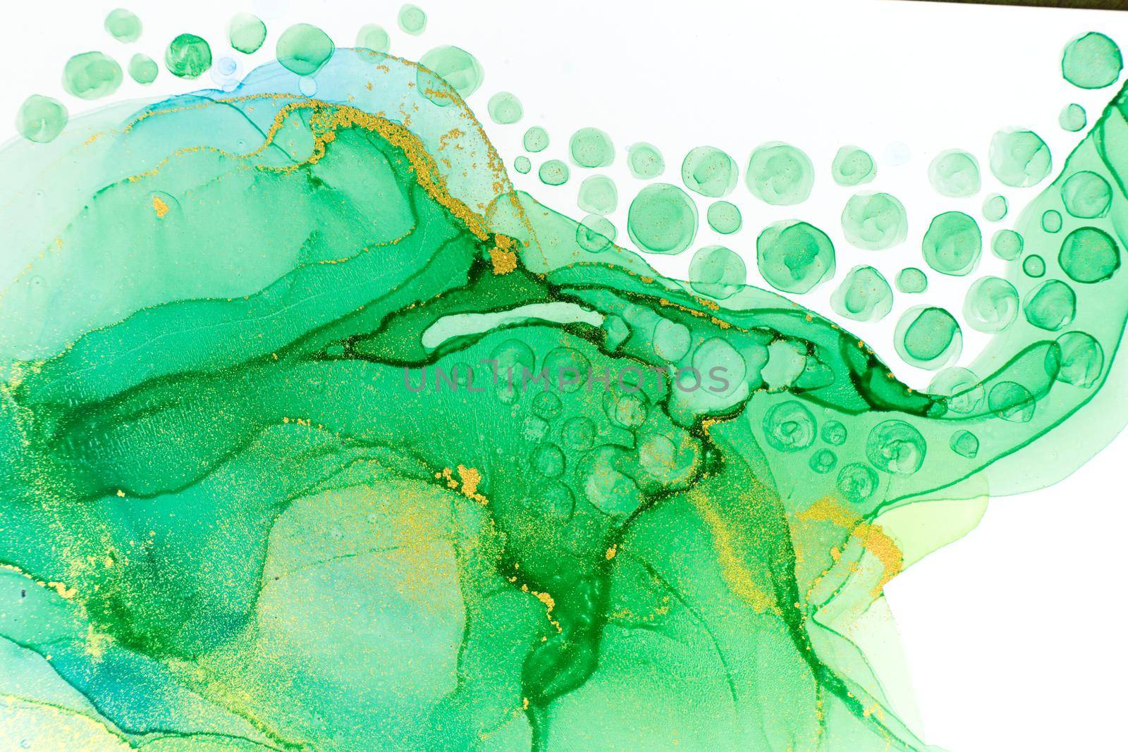 Abstract ocean foam print. Watercolor green and blue texture with gold glitter