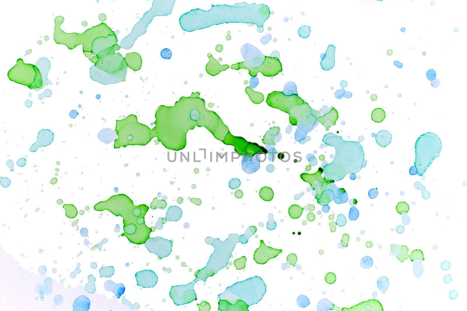 Abstract watercolor light blue and green drops and blobs background