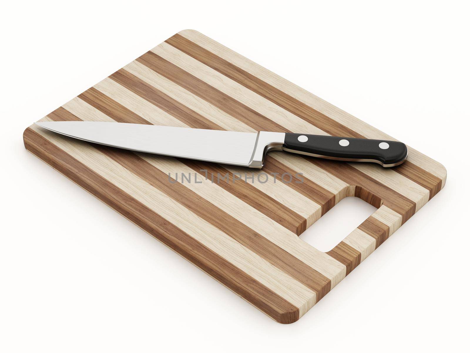 Wooden cutting board and knife isolated on white background. 3D illustration.