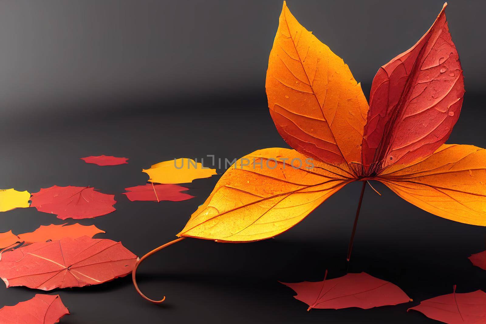 rainy autumn. an umbrella and yellow rubber boots around which multi colored leaves scatter on a yellow background with a place for placing text. 3d render. 3d illustration