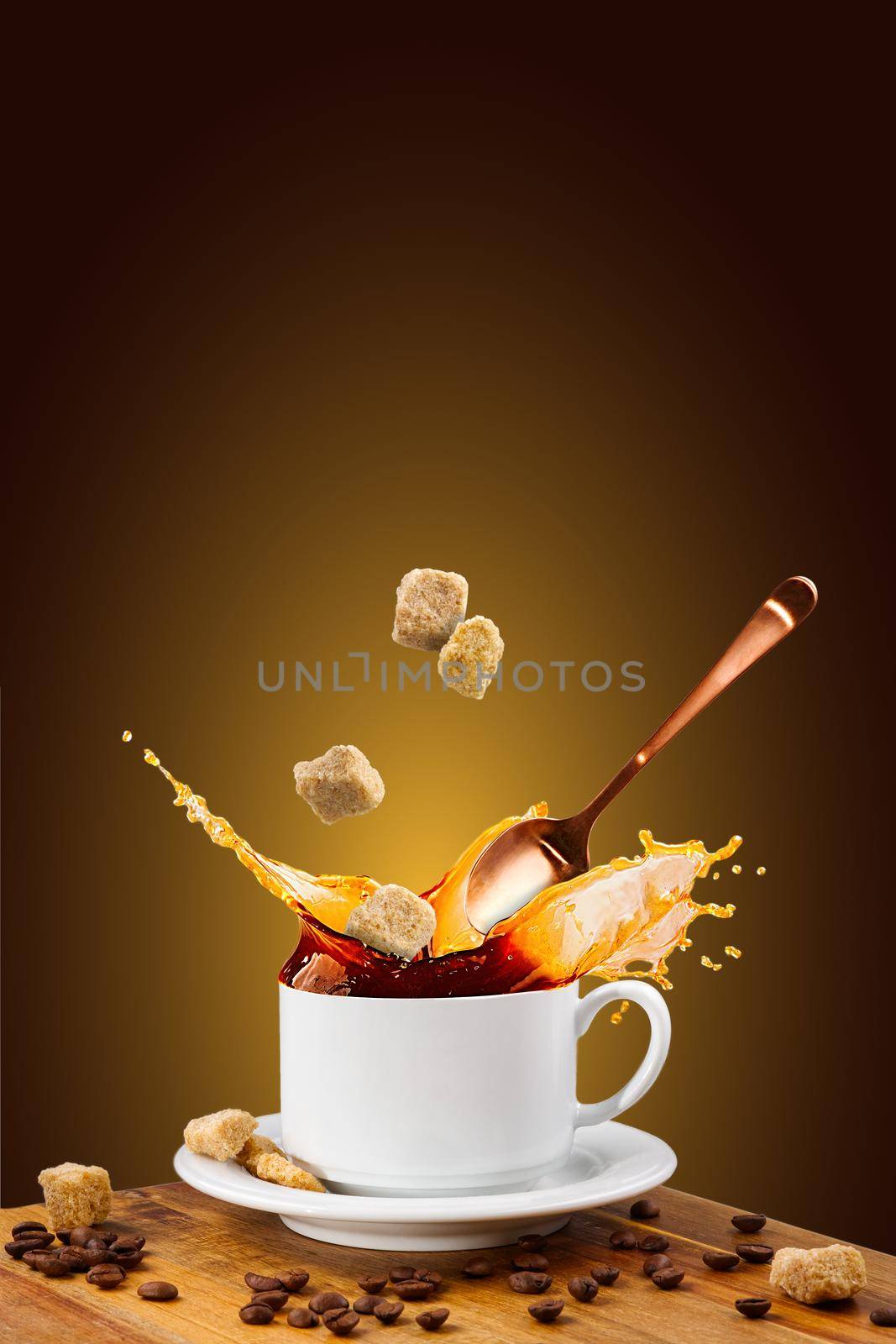 Falling coffee cup. Cup of coffee splashes while falling. Splash in white coffee cup. Hot beverage splashing, food levitation