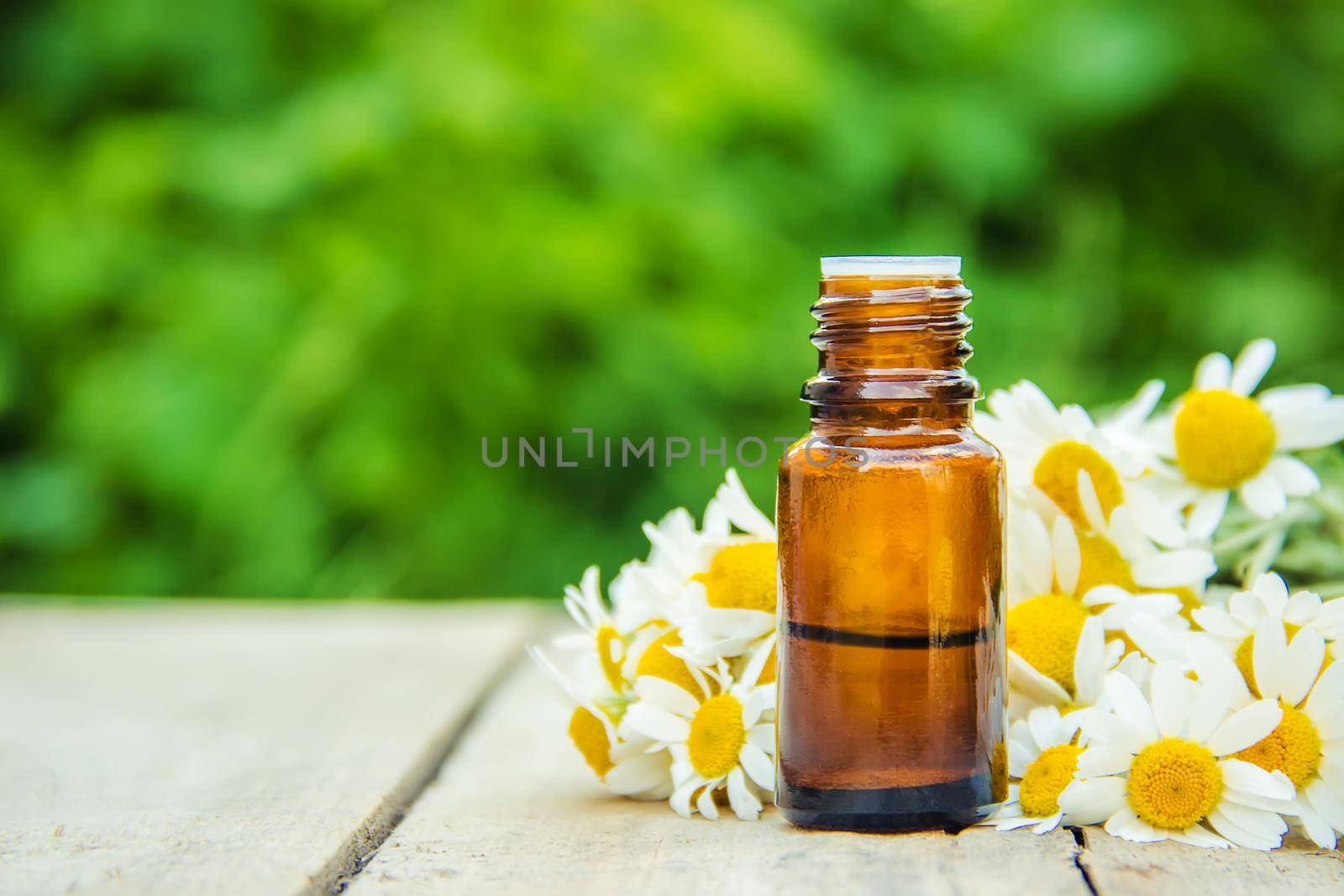 Chamomile extract in a small bottle. Selective focus.