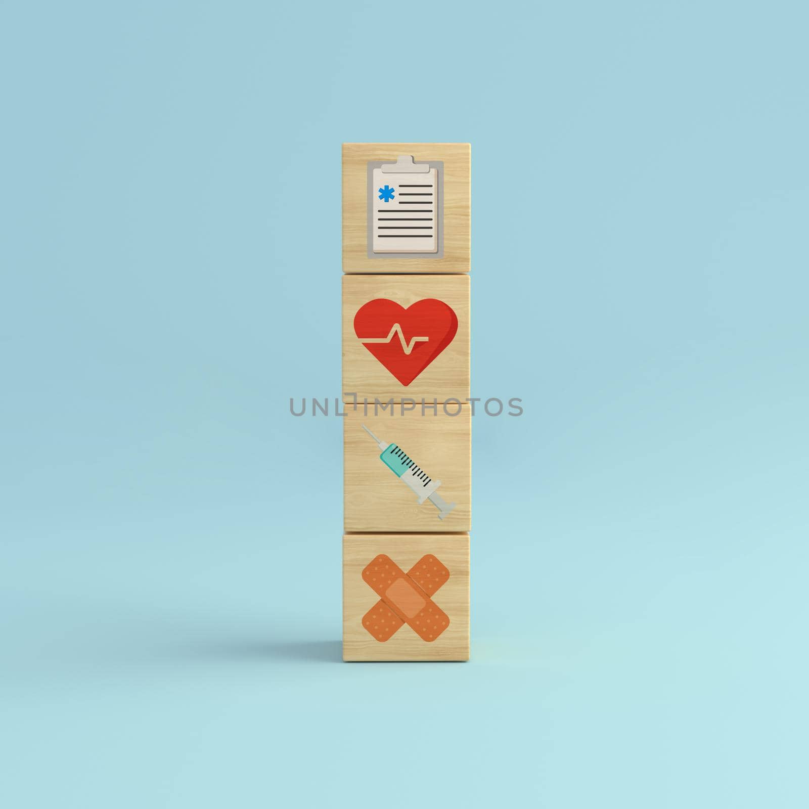 Healthcare icon syringe, health and band on blue background. Wooden cube block tower . Vaccine concept. 3D rendering.