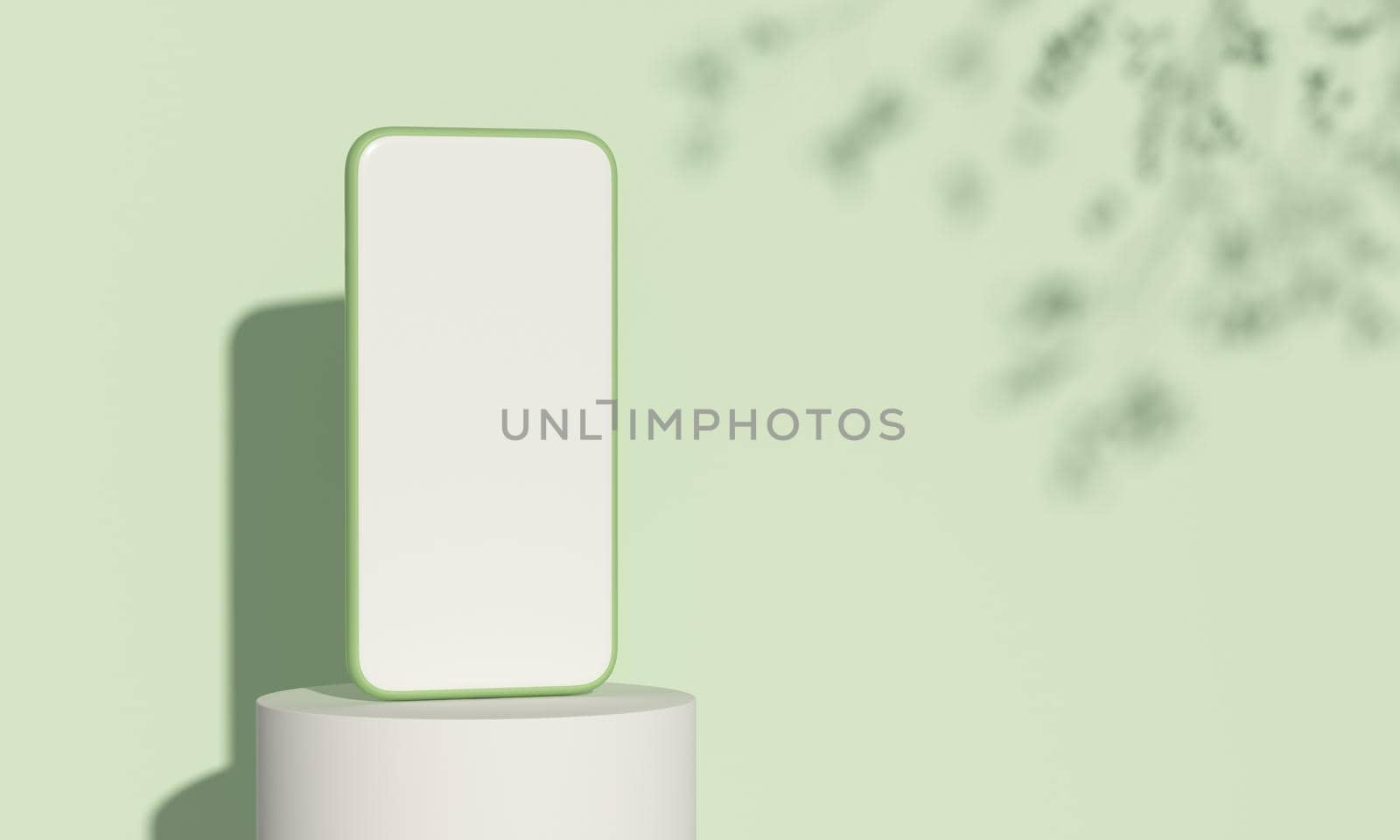 Smartphone on Platform podium with natural light on green background.Ecological products concept. by ImagesRouges