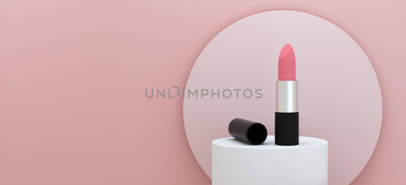 Lipstick on a podium on pink background with space for text. Beauty concept. 3D rendering.