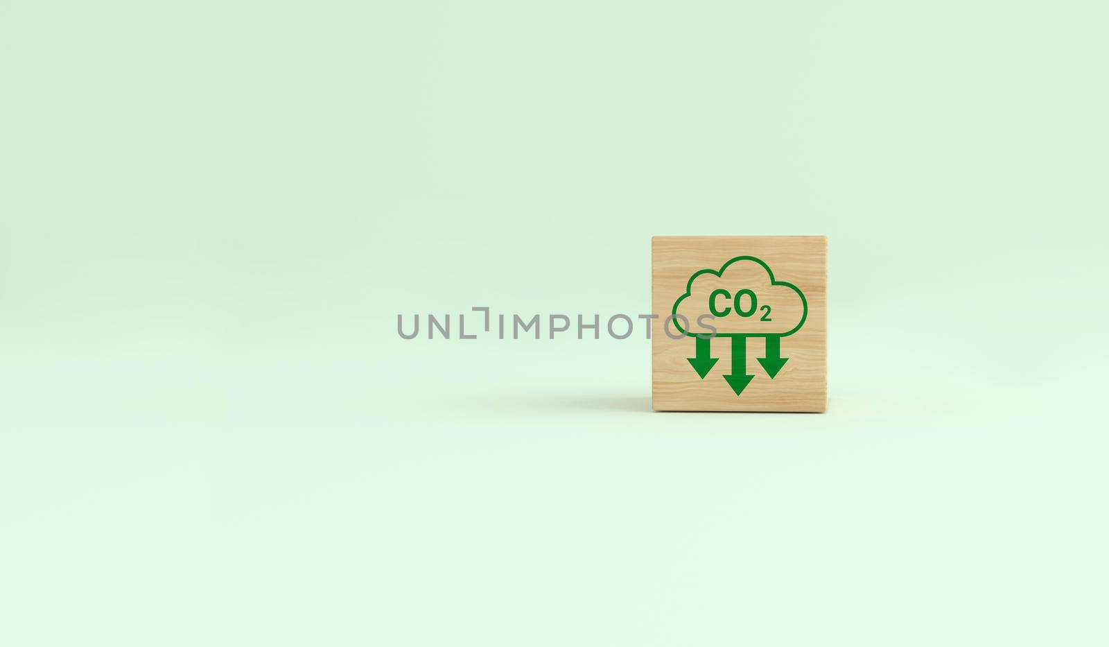 Carbon footprint ecological symbols on a wooden cube with an ecological icon. Sustainable business development. Environmental concept, climate change. 3D rendering.