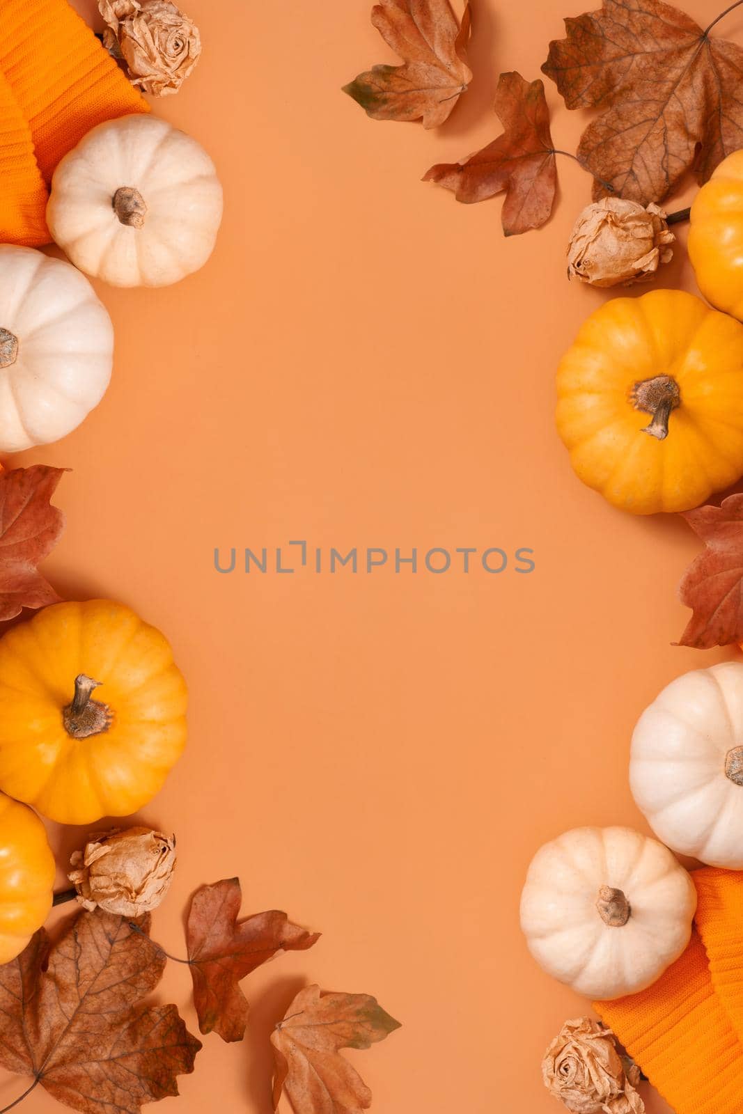 Autumn flat lay composition with pumpkins and fallen leaves and sweater with space for text. Vertical format