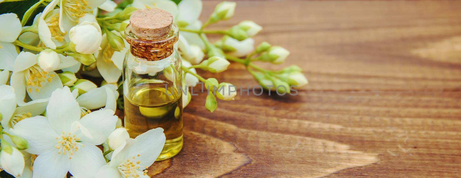 Jasmine essential oil. selective focus. madicine and nature.