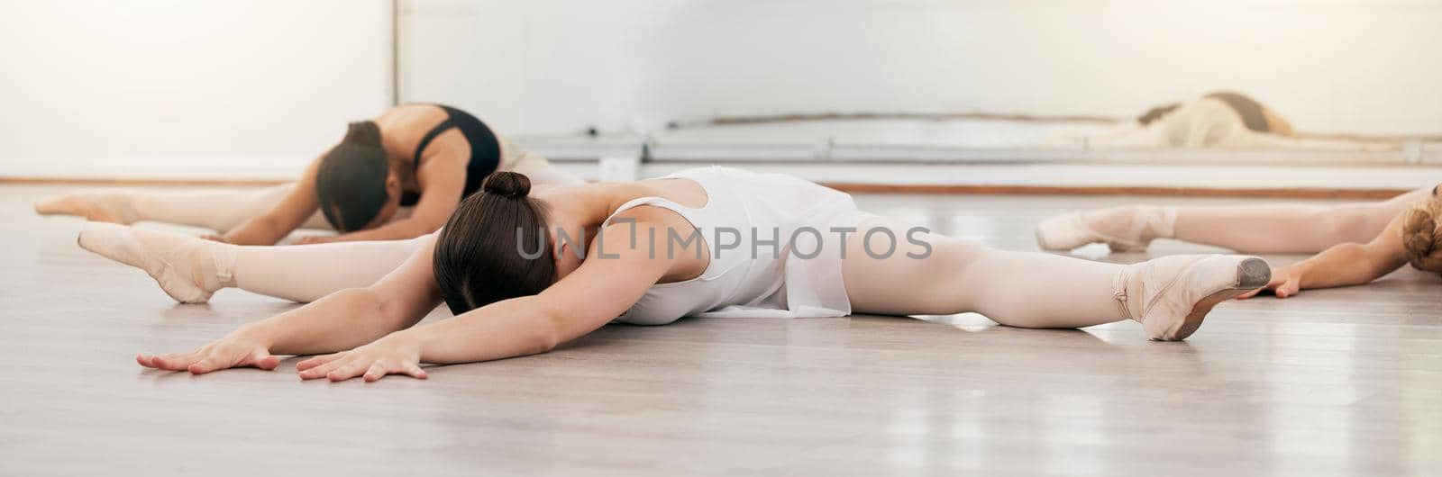 Fitness, ballet or dance woman stretching with training, exercise or wellness energy in theatre, concert or sport event. Health, education or girl student workout before art concert in sports class.