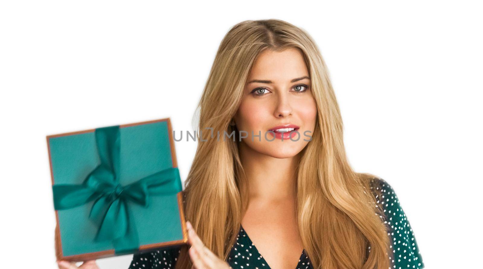 Holiday present, happy woman holding a gift or luxury beauty box subscription delivery isolated on white background by Anneleven