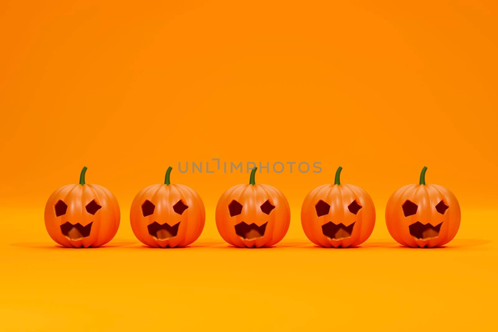 Pumpkins standing in a row. 3d rendering. Pumpkin for Halloween with a funny smiling face, on a orange background. Jack O Lantern halloween pumpkin, 3d render.