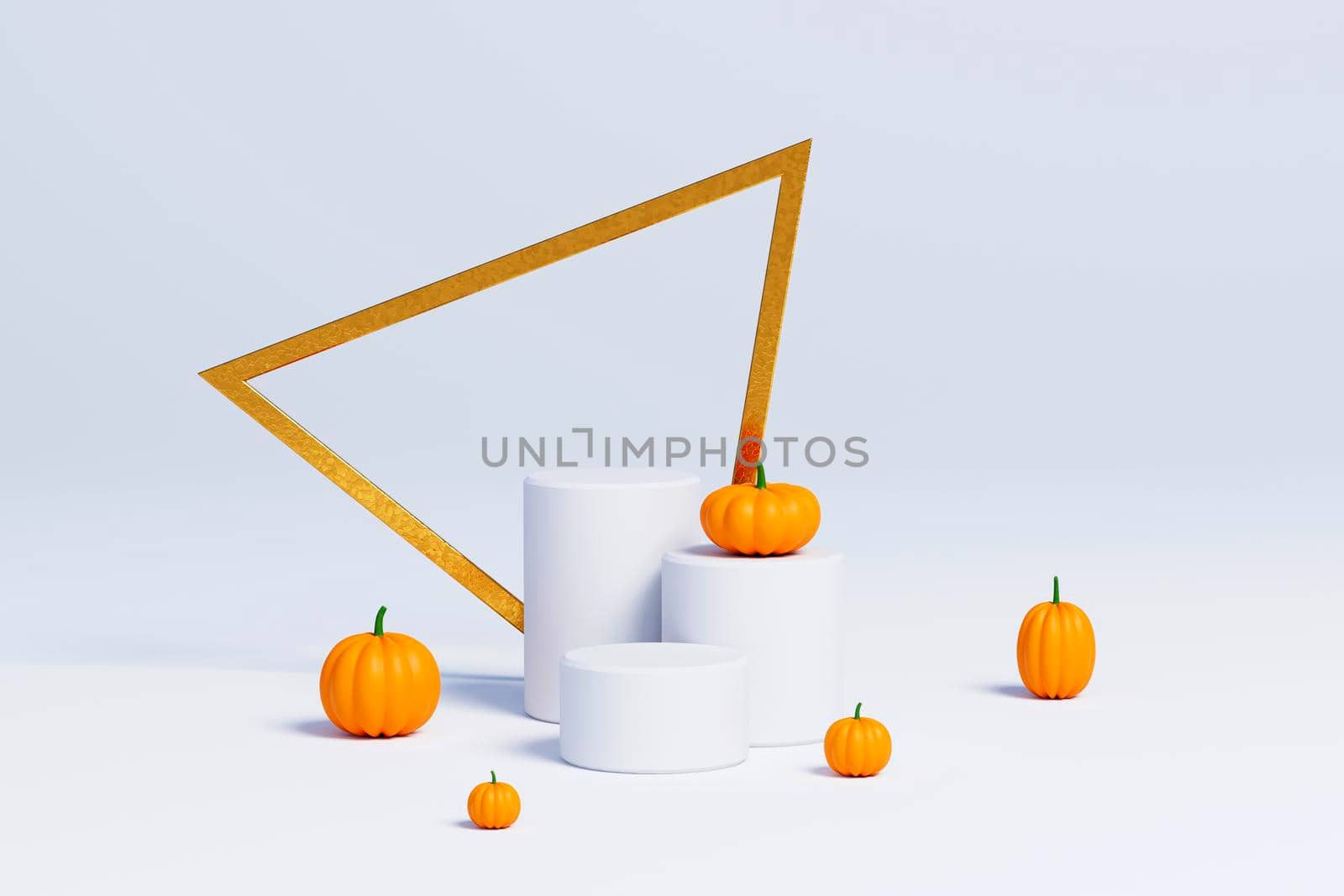 3D Halloween background pedestal podium on white with triangle frame,pumpkin display with gold. Jack o lantern showcase, beauty cosmetic, product promotion. Abstract banner, spooky luxury 3D render