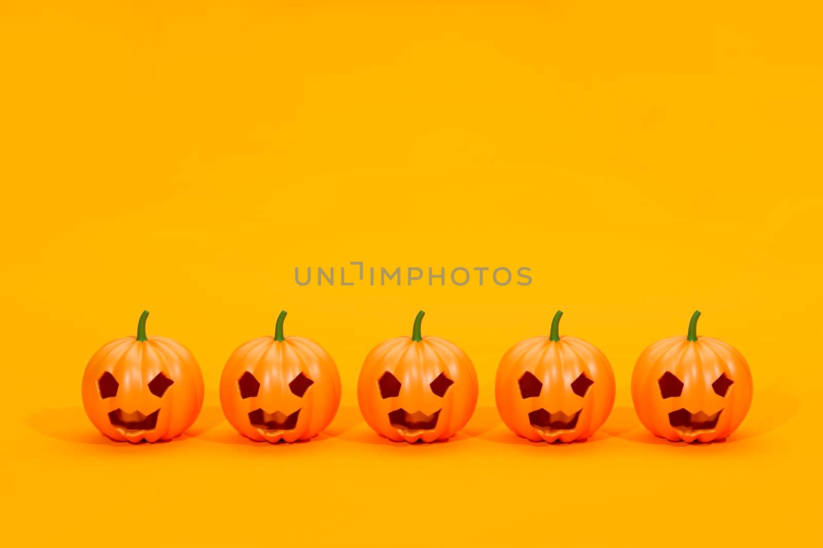 Pumpkins standing in a row. 3d rendering. Pumpkin for Halloween with a funny smiling face, on a orange background. Jack O Lantern halloween pumpkin, 3d render.