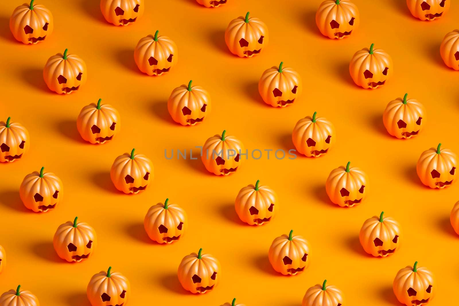 Halloween pumpkins pattern on a orange background. 3d isometric render