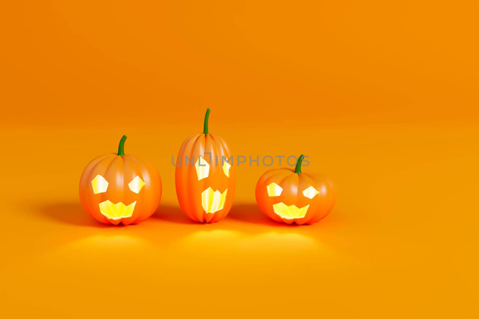 Pumpkins with smiling and cheerful faces n an orange background. 3d render by raferto1973