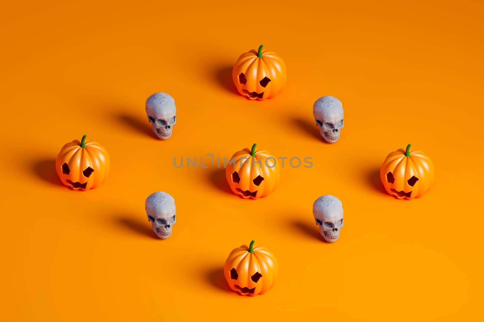Rhombus From Halloween Pumpkin And white skulls. 3d illustration