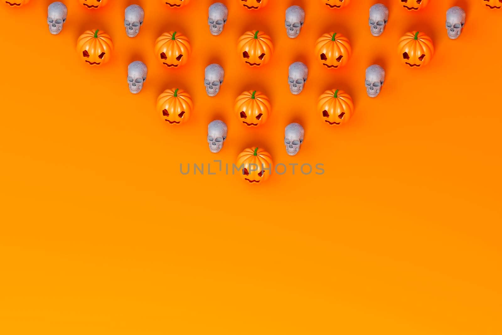 3d render of Halloween pumpkin and white skull covering half of the orange background