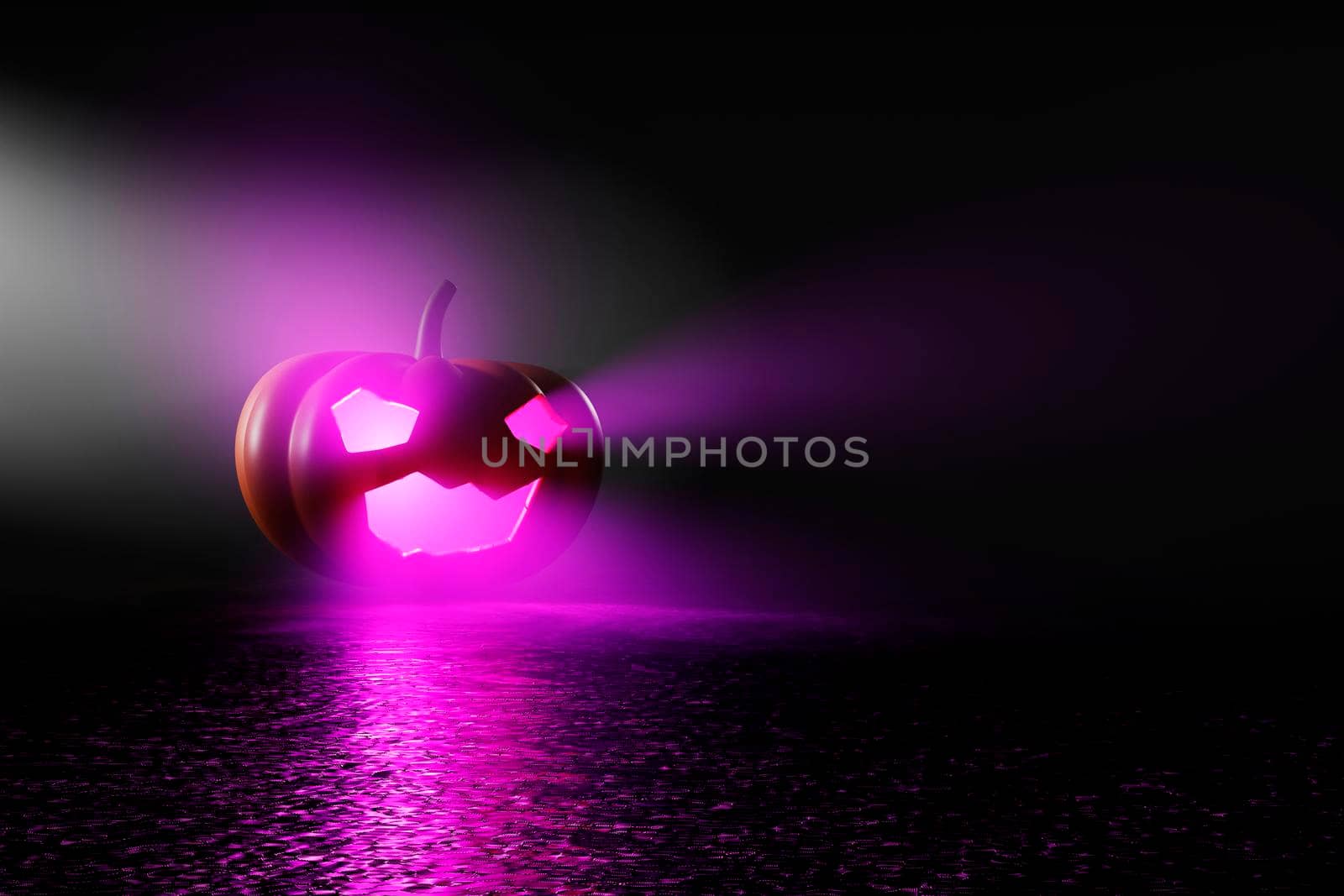 Halloween pumpkin Jack O'Lanterns with purple candle on reflection floor. 3d rendering.