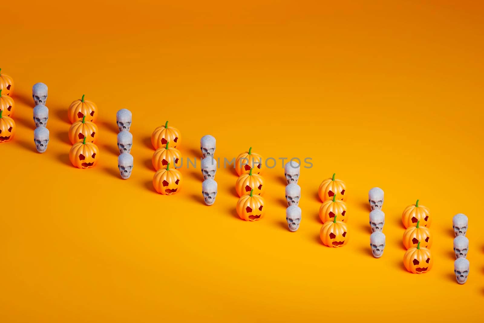 3d render of three rows of many Halloween pumpkin and skulls on orange background