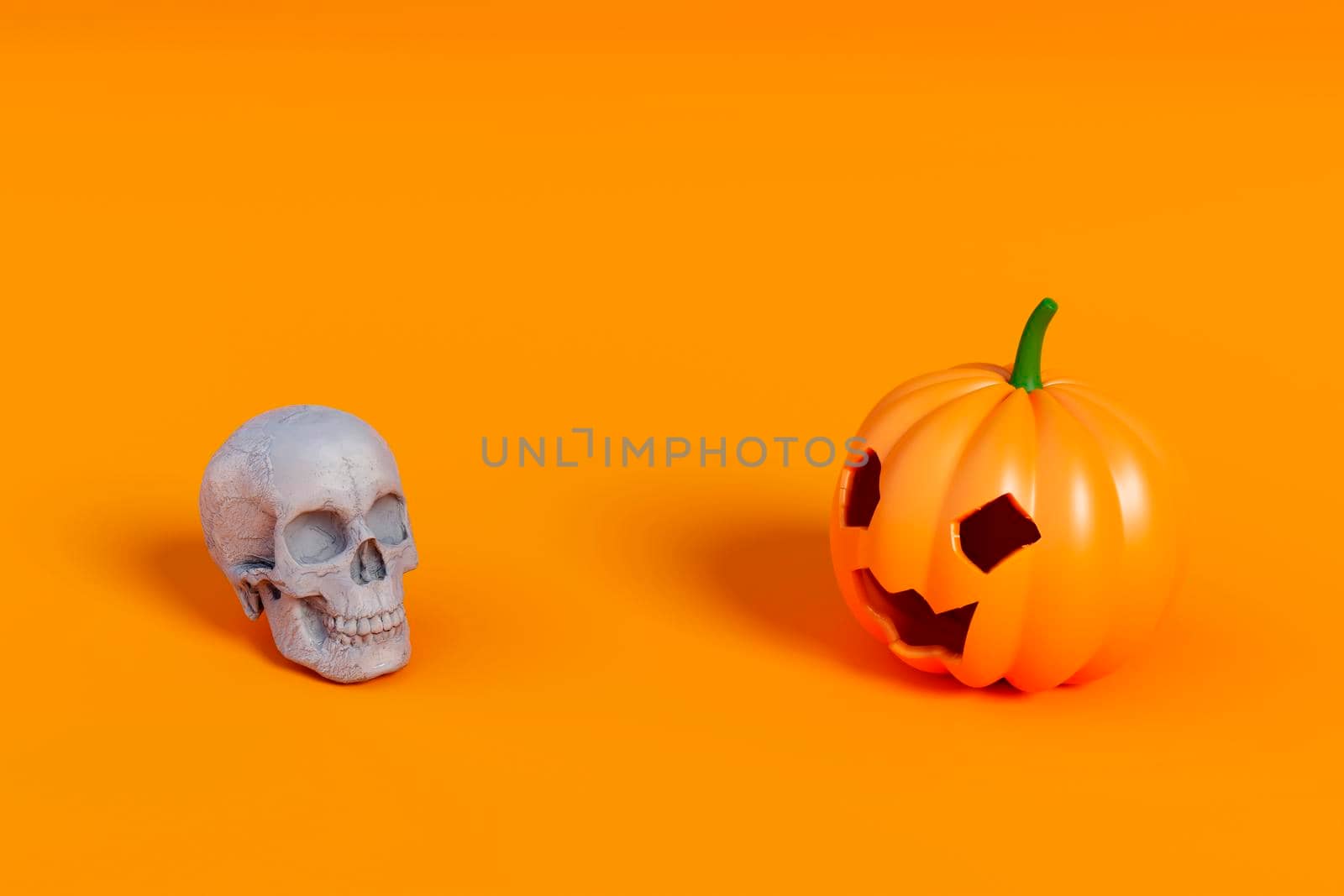 Halloween pumpkin and white skull face to face on a orange background. 3d render
