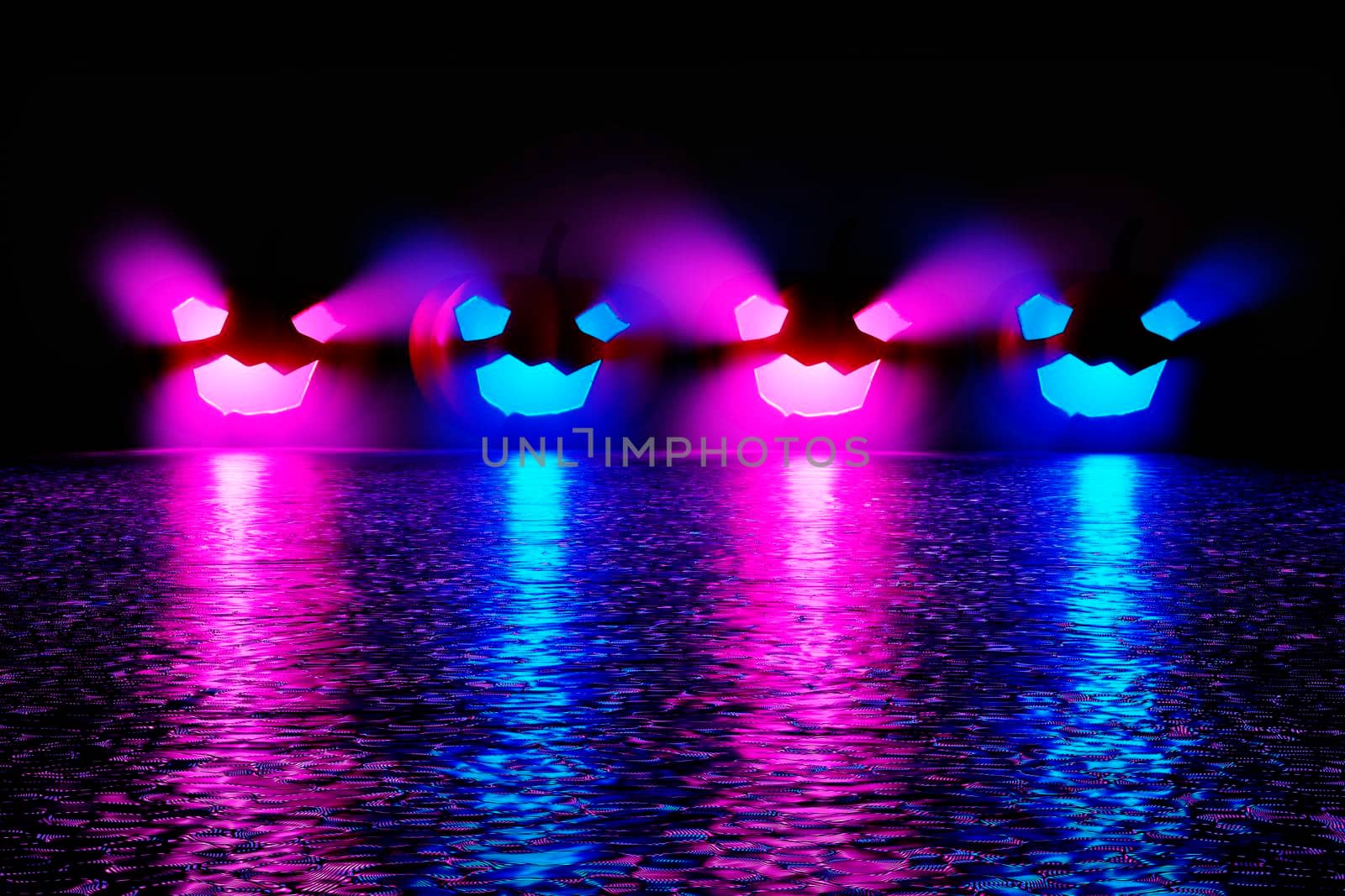 Row of Jack O'Lanterns with blue and purple candles on reflection floor. 3d rendering. by raferto1973
