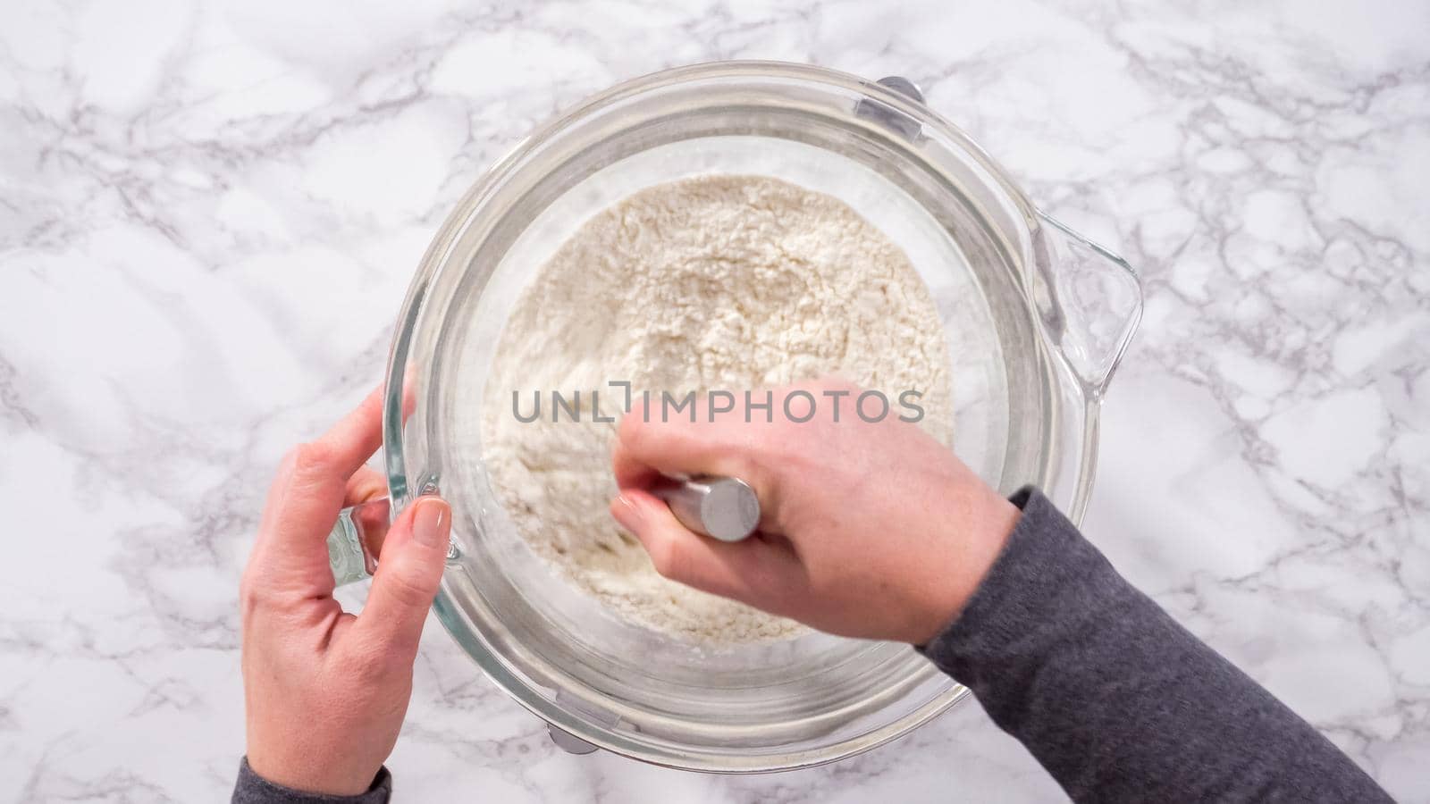 Flat lay. Step by step. Mixing ingredients in kitchen mixer to bake homemade brioche buns.
