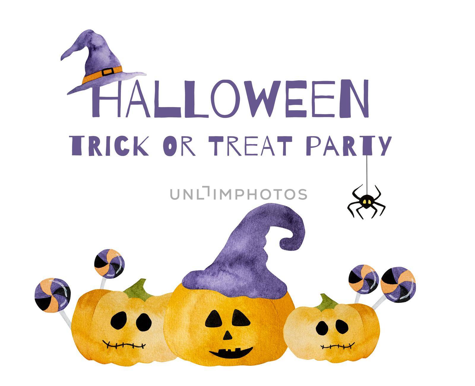 Halloween watercolor pumpkin illustration for funny holiday postcard with trick or treat text. Autumn scary vegetables illustration for decoration