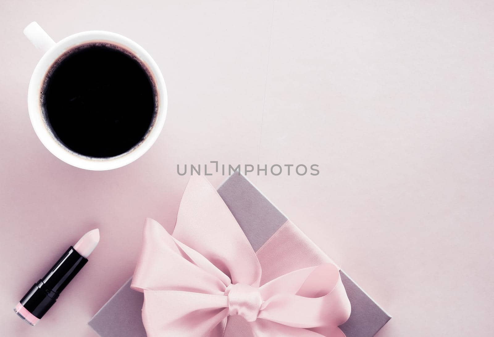 French chic, Valentines Day present and beauty drink concept - Luxury gift box and coffee cup on blush pink background, flatlay design for romantic holiday and birthday surprise