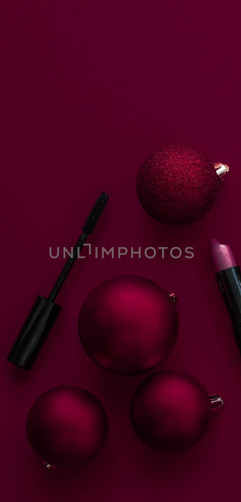 Cosmetic branding, fashion blog cover and girly glamour concept - Make-up and cosmetics product set for beauty brand Christmas sale promotion, luxury burgundy flatlay background as holiday design