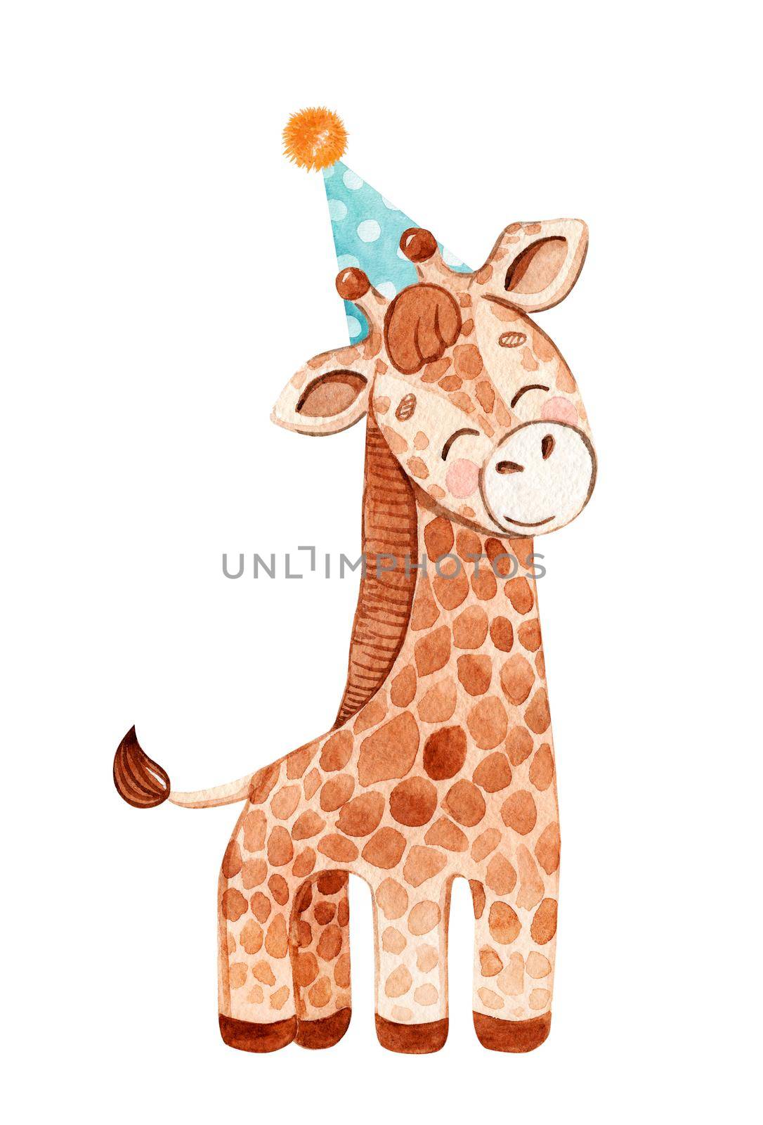 Watercolor giraffe in party hat isolated on white background. Hand drawn baby animal illustration