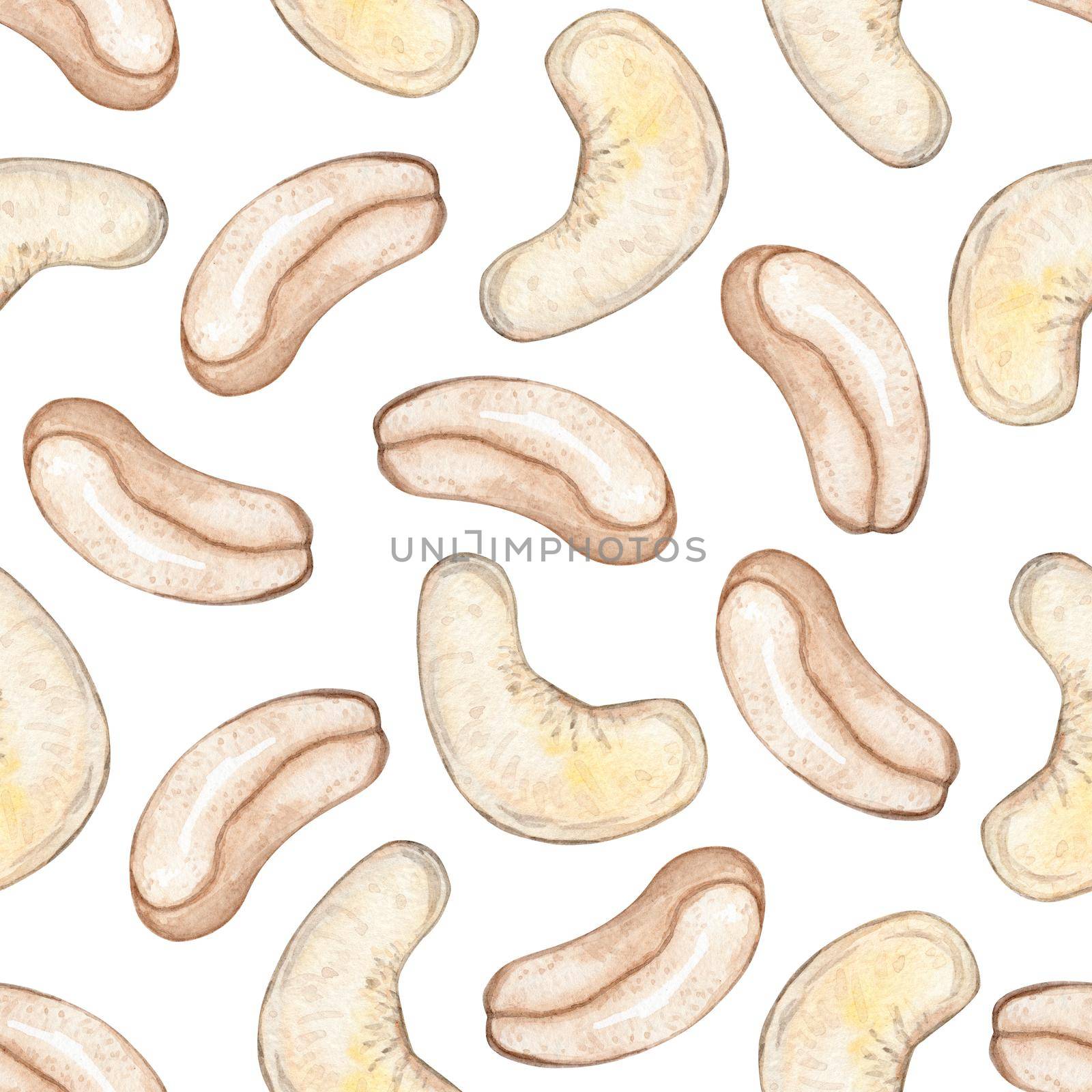 Watercolor cashew nut seamless pattern on white background.